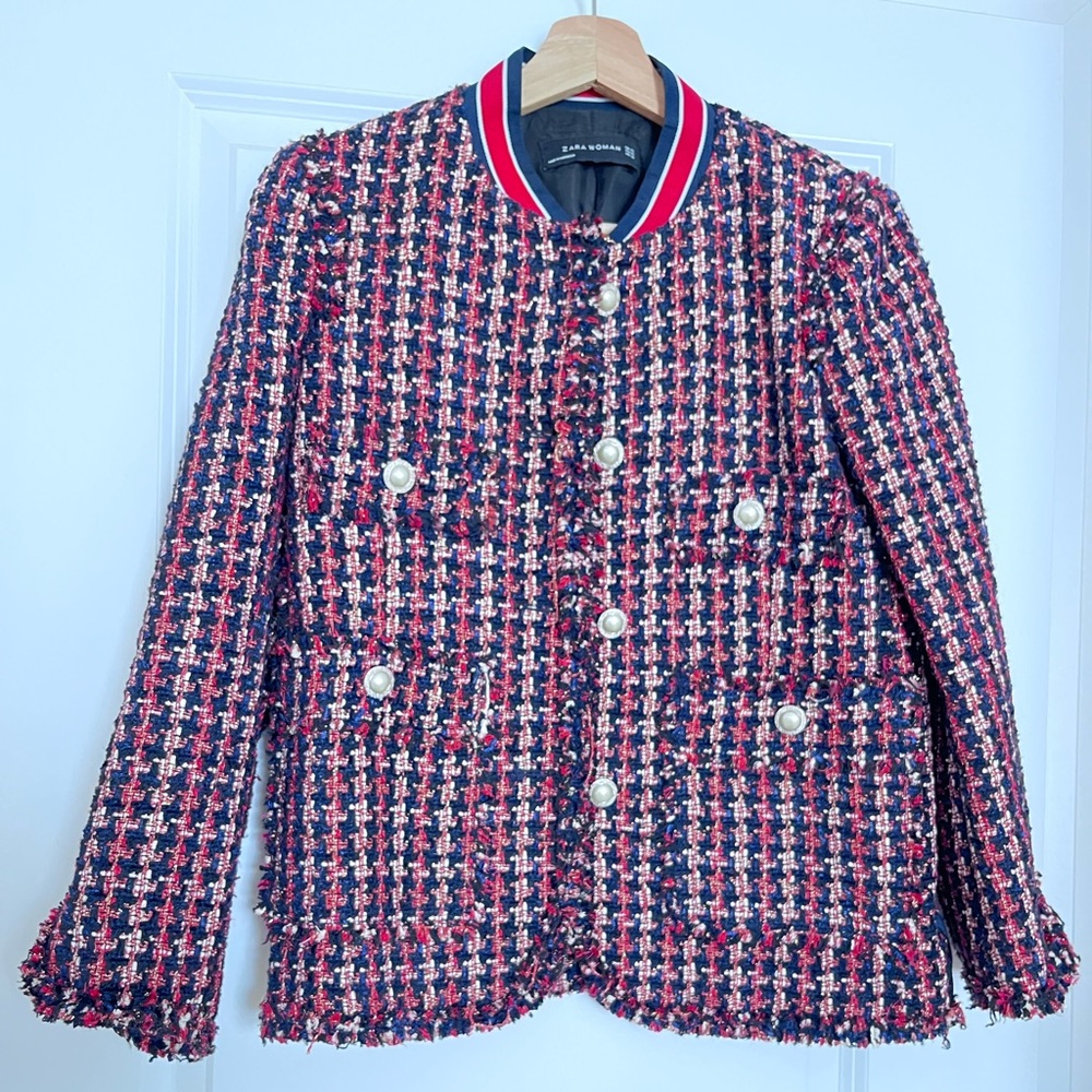 ZARA Navy and Red Tweed Jacket size XS
